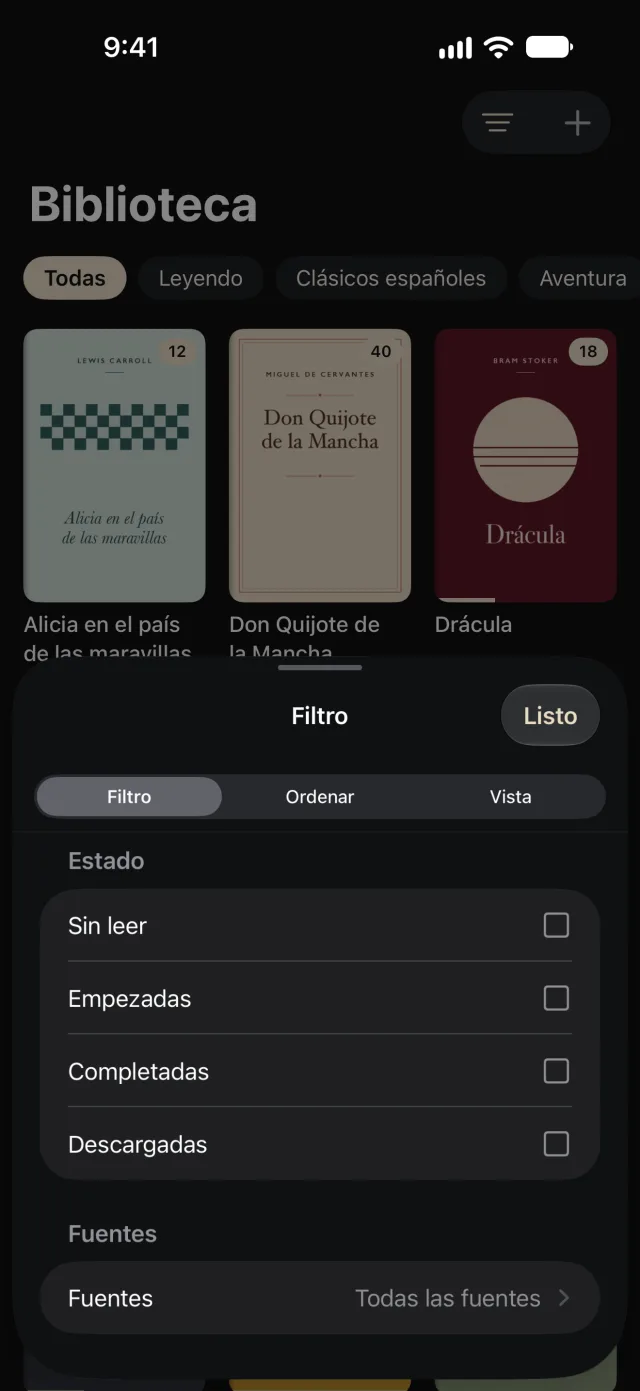 Filtros de la biblioteca: sin leer, empezadas, terminadas y descargadas
